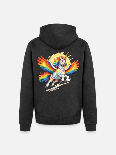 Regenbogen-Einhorn mit Flügeln - Unisex Premium Bio Zip Hoodie - Anthrazit meliert