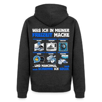 Was ich in meiner Freizeit mache - Schwimmen - Unisex Premium Bio Zip Hoodie - Anthrazit meliert - Hinten - Nico (187cm)