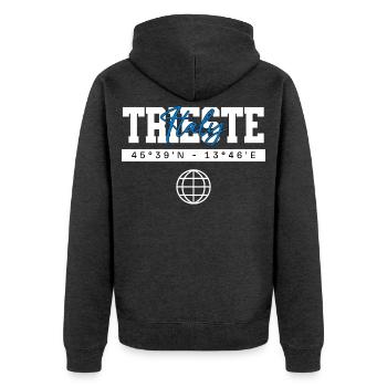 Triest Italien Koordinaten Reise Souvenir - Unisex Premium Bio Zip Hoodie - Anthrazit meliert - Hinten - Nico (187cm)