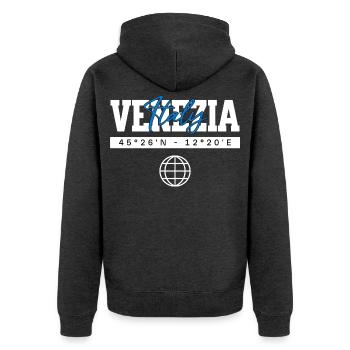 Venedig Italien Koordinaten Reise Souvenir - Unisex Premium Bio Zip Hoodie - Anthrazit meliert - Hinten - Nico (187cm)