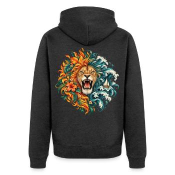 Löwe brüllt zwischen Flammen und Wellen – Kunst - Unisex Premium Bio Zip Hoodie - Anthrazit meliert - Hinten - Nico (187cm)