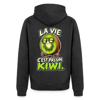 Das Leben ist kein Kiwi – Blaseres Kiwi und Humor - Unisex Premium Bio Zip Hoodie - Anthrazit meliert - Hinten - Nico (187cm)