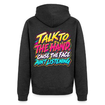 Talk to the Hand – 90er-Jahre-Neon-Graffiti - Unisex Premium Bio Zip Hoodie - Anthrazit meliert - Hinten - Nico (187cm)
