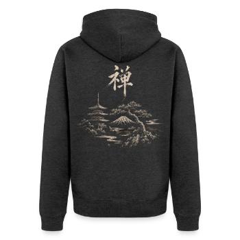 Zen Landschaft: Fuji-Pagode und Kiefer - Unisex Premium Bio Zip Hoodie - Anthrazit meliert - Hinten - Nico (187cm)