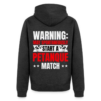 Warnung: Startet spontan ein Boule Match - Unisex Premium Bio Zip Hoodie - Anthrazit meliert - Hinten - Nico (187cm)