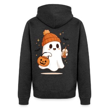 Halloween-Shirts für Frauen Pumpkin Ghost - Unisex Premium Bio Zip Hoodie - Anthrazit meliert - Hinten - Nico (187cm)