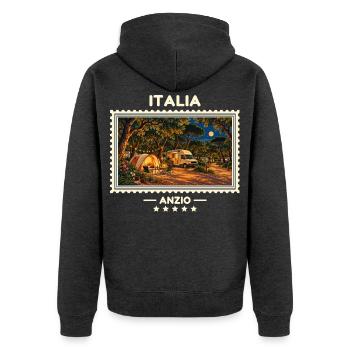 Italien Anzio Camping Vintage Reisemarke - Unisex Premium Bio Zip Hoodie - Anthrazit meliert - Hinten - Nico (187cm)