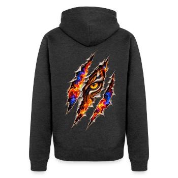 Flammendes Tigerauge – Trompe l'oeil kratzt - Unisex Premium Bio Zip Hoodie - Anthrazit meliert - Hinten - Nico (187cm)
