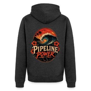 Pipeline Power - Unisex Premium Bio Zip Hoodie - Anthrazit meliert - Hinten - Nico (187cm)
