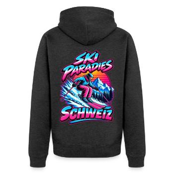 Ski Paradise Schweiz - Unisex Premium Bio Zip Hoodie - Anthrazit meliert - Hinten - Nico (187cm)