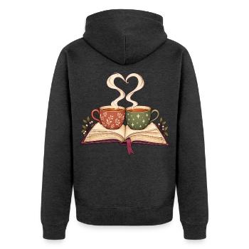 Gemütliche Buchliebhaber-Becher mit herzförmigem Dampf - Unisex Premium Bio Zip Hoodie - Anthrazit meliert - Hinten - Nico (187cm)