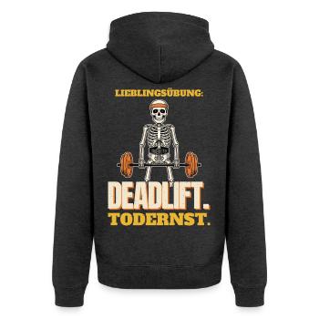Lieblingsübung Deadlift, todernst - Unisex Premium Bio Zip Hoodie - Anthrazit meliert - Hinten - Nico (187cm)