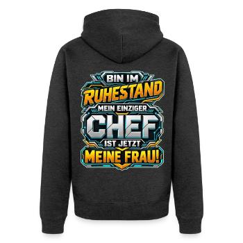 Ruhestand – Meine Frau ist der Chef - Unisex Premium Bio Zip Hoodie - Anthrazit meliert - Hinten - Nico (187cm)