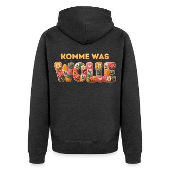 Komme was WOLLE Patchbuchstaben Wolle und Blumen - Unisex Premium Bio Zip Hoodie - Anthrazit meliert - Hinten - Nico (187cm)