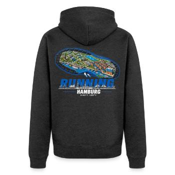 Running Hamburg Laufschuh Stadtkarte - dunkel - Unisex Premium Bio Zip Hoodie - Anthrazit meliert - Hinten - Nico (187cm)