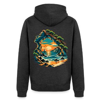 Magische Küstenbucht - Unisex Premium Bio Zip Hoodie - Anthrazit meliert - Hinten - Nico (187cm)