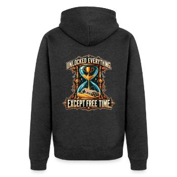 Entsperrt alles, außer Freizeit - Unisex Premium Bio Zip Hoodie - Anthrazit meliert - Hinten - Nico (187cm)