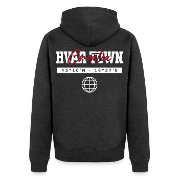 Hvar-Stadt Kroatien Koordinaten Reise Souvenir - Unisex Premium Bio Zip Hoodie - Anthrazit meliert - Hinten - Nico (187cm)