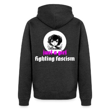 just a girl fighting fascism - Unisex Premium Bio Zip Hoodie - Anthrazit meliert - Hinten - Nico (187cm)