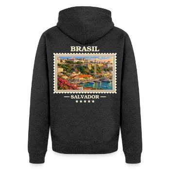 Brasilien Salvador Vintage Reisemarke - Unisex Premium Bio Zip Hoodie - Anthrazit meliert - Hinten - Nico (187cm)