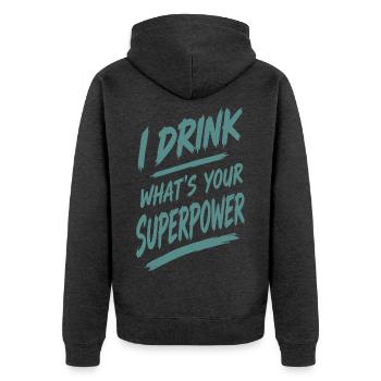 Ich trinke — deine Superkraft - Unisex Premium Bio Zip Hoodie - Anthrazit meliert - Hinten - Nico (187cm)