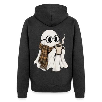 Kaffeegeist mit Brille und Schal - Unisex Premium Bio Zip Hoodie - Anthrazit meliert - Hinten - Nico (187cm)