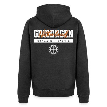 Groningen Niederlande Koordinaten Reise Souvenir - Unisex Premium Bio Zip Hoodie - Anthrazit meliert - Hinten - Nico (187cm)