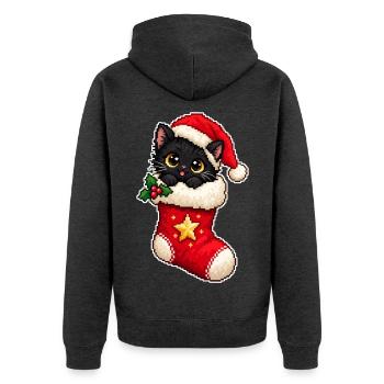 Schwarzes Weihnachtskätzchen in einer Pixel-Art-Socke - Unisex Premium Bio Zip Hoodie - Anthrazit meliert - Hinten - Nico (187cm)