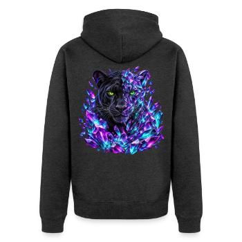 Schwarzer Panther mit grünen Augen und violetten Kristallen - Unisex Premium Bio Zip Hoodie - Anthrazit meliert - Hinten - Nico (187cm)