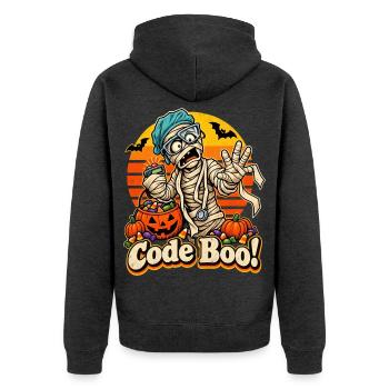 Code Boo Mumie Halloween Design - Unisex Premium Bio Zip Hoodie - Anthrazit meliert - Hinten - Nico (187cm)