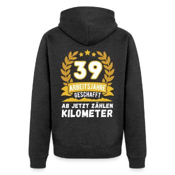 Rente Camper 39 Arbeitsjahre Ruhestand Pension - Unisex Premium Bio Zip Hoodie - Anthrazit meliert - Hinten - Nico (187cm)