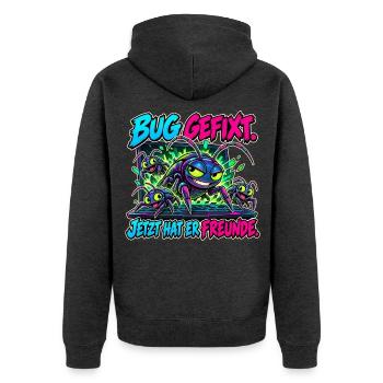 Bug gefixt, Freunde gefunden - Unisex Premium Bio Zip Hoodie - Anthrazit meliert - Hinten - Nico (187cm)