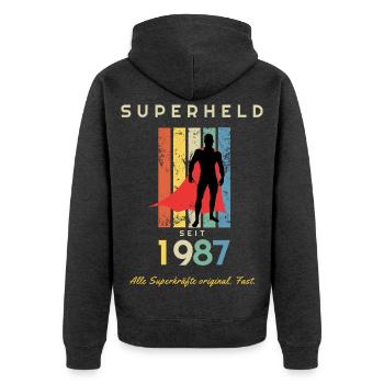 Jahrgang 1987 Superheld 40. Geburtstag Mann - Unisex Premium Bio Zip Hoodie - Anthrazit meliert - Hinten - Nico (187cm)