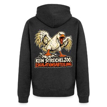 Gans aus der Eskalationsabteilung - Unisex Premium Bio Zip Hoodie - Anthrazit meliert - Hinten - Nico (187cm)