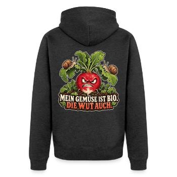 Bio-Gemüse und Bio-Wut - Unisex Premium Bio Zip Hoodie - Anthrazit meliert - Hinten - Nico (187cm)