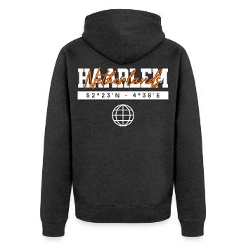 Haarlem Niederlande Koordinaten Reise Souvenir - Unisex Premium Bio Zip Hoodie - Anthrazit meliert - Hinten - Nico (187cm)