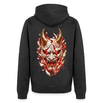 Japanische Oni-Maske – Rissiges Porzellan - Unisex Premium Bio Zip Hoodie - Anthrazit meliert - Hinten - Nico (187cm)