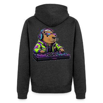 Cyberpunk-DJ Capybara Toy - Unisex Premium Bio Zip Hoodie - Anthrazit meliert - Hinten - Nico (187cm)