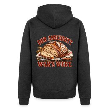 Der Anschnitt war’s wert – Sauerteigbrot - Unisex Premium Bio Zip Hoodie - Anthrazit meliert - Hinten - Nico (187cm)