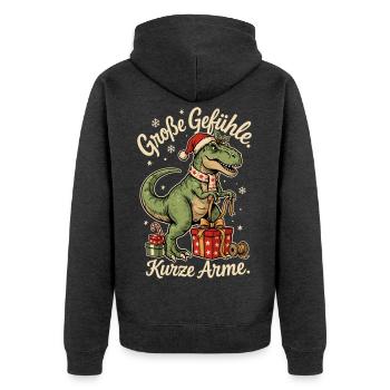 Weihnachts T-Rex mit Nikolausmütze und Geschenken - Unisex Premium Bio Zip Hoodie - Anthrazit meliert - Hinten - Nico (187cm)