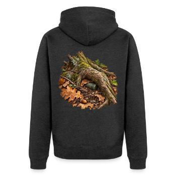 Unter der Wurzel – Versteckte Cache-Dose - Unisex Premium Bio Zip Hoodie - Anthrazit meliert - Hinten - Nico (187cm)