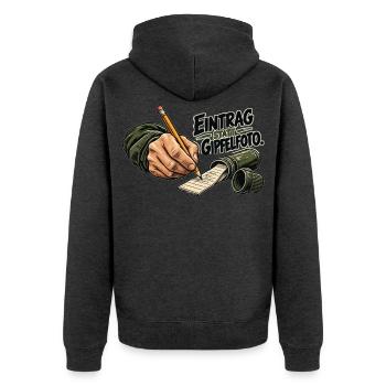 Eintrag statt Gipfelfoto – GPS-Schatzsuche - Unisex Premium Bio Zip Hoodie - Anthrazit meliert - Hinten - Nico (187cm)