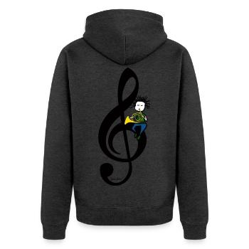 Horn Life – Waldhorn-T-Shirt mit Violinschlüssel - Unisex Premium Bio Zip Hoodie - Anthrazit meliert - Hinten - Nico (187cm)
