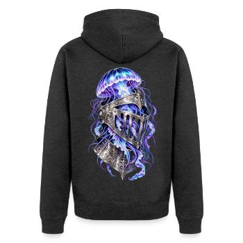 Kosmischer Medusa-Ritter – Mittelalterlicher Helm - Unisex Premium Bio Zip Hoodie - Anthrazit meliert - Hinten - Nico (187cm)