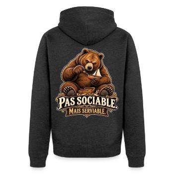 Nicht gesellig, aber hilfsbereit – lustiger Handwerkerbär - Unisex Premium Bio Zip Hoodie - Anthrazit meliert - Hinten - Nico (187cm)