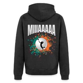 Miiaaaaa! Volleyball Ruf – Farbklecks Ball - Unisex Premium Bio Zip Hoodie - Anthrazit meliert - Hinten - Nico (187cm)