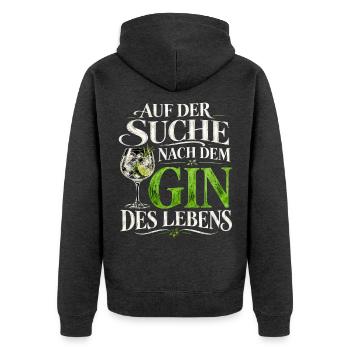 Auf der Suche nach dem Gin des Lebens - Spruch - Unisex Premium Bio Zip Hoodie - Anthrazit meliert - Hinten - Nico (187cm)