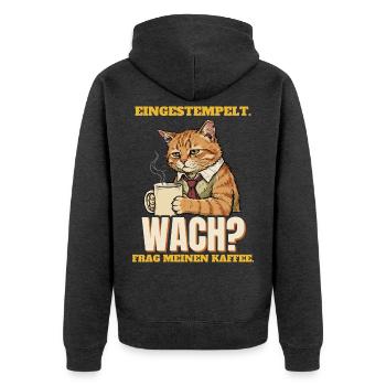 Eingestempelt. Wach? Frag meinen Kaffee. - Unisex Premium Bio Zip Hoodie - Anthrazit meliert - Hinten - Nico (187cm)