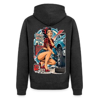 Rockabilly Pinup Girl: Reifenwechsel in High Heels - Unisex Premium Bio Zip Hoodie - Anthrazit meliert - Hinten - Nico (187cm)