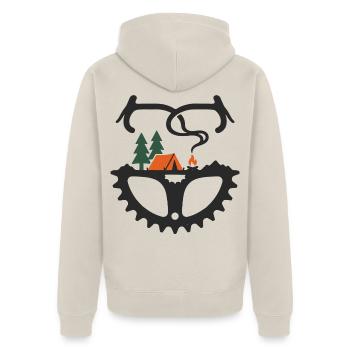 Bikepacking-Zelt auf dem Fahrrad Kettenflügel-Lagerfeuer-Kunst - Unisex Premium Bio Zip Hoodie - Beige - Hinten - Thijin (182cm)